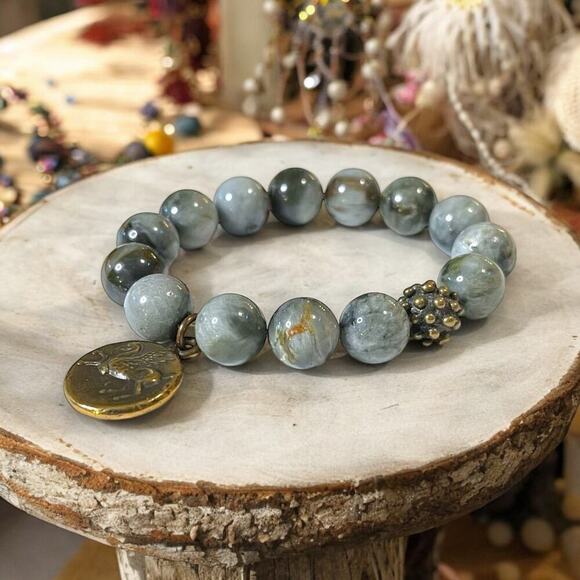 Gemstone Stretch Bracelet Womens Faux Coin Gray Brown Boho Hippie Artsy - Picture 1 of 9